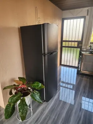a black refrigerator in a kitchen with a plant at La Fortuna, Fluca House 1 in Fortuna
