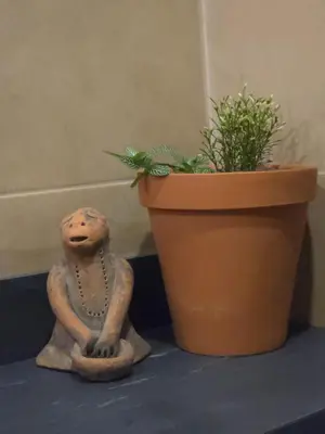 a statue of a person sitting next to a potted plant at Villa del pájaro pecho amarillo in Fortuna