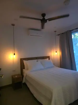 a bedroom with a white bed and a window at Villa del pájaro pecho amarillo in Fortuna