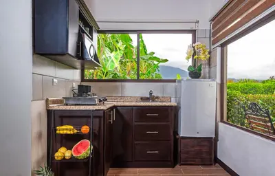 a kitchen with a sink and a window at Cabañas Acuarelas del Arenal in Fortuna