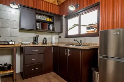 a kitchen with wooden cabinets and a stainless steel refrigerator at Cabañas Acuarelas del Arenal in Fortuna