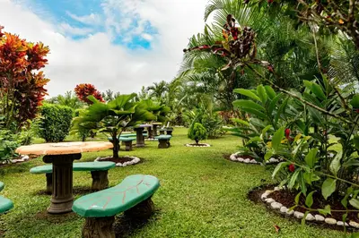 a garden with benches and a table in the grass at Cabañas Acuarelas del Arenal in Fortuna