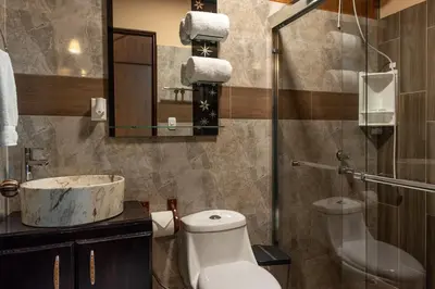 a bathroom with a toilet and a sink and a mirror at Cabañas Acuarelas del Arenal in Fortuna