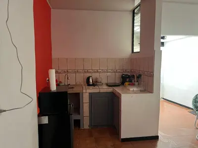 a kitchen with a black refrigerator and a red wall at Buganvilla Quepos Dos in Tapantí