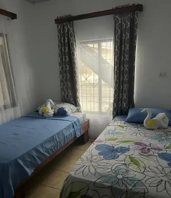 two beds in a bedroom with two swans on them at Buganvilla Quepos Dos in Tapantí