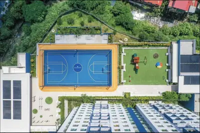an overhead view of a large swimming pool on a building at Luxury 12th Floor Apartment with Views - Downtown San Jose Pool and Gym in San José