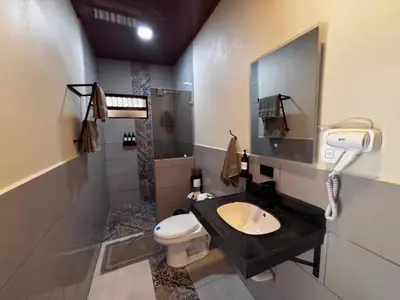 a bathroom with a sink and a toilet and a mirror at Cabinas Las Veraneras - Dota in Santa María