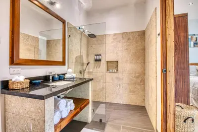 a bathroom with a sink and a shower at Blue Jungle Lodge in Arenal