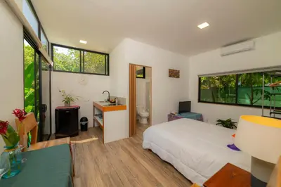 a bedroom with a bed and a sink in a room at Modern studio near Santa Teresa beach in Boca de Ario