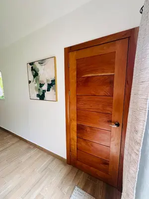 a wooden door in a room with a picture at Casa Hilltop Peaceful house 15 minutes from Samara in Sámara