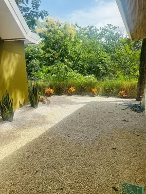 a patio with plants and a yellow house at Casa Hilltop Peaceful house 15 minutes from Samara in Sámara