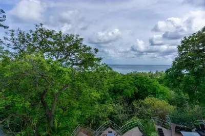 a view of the ocean from behind some trees at Casa Blanca #1 Beautiful modern beach house in Sámara