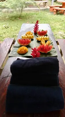 a table with plates of fruit on top of it at Glamping Finca garza del sol in El pilon