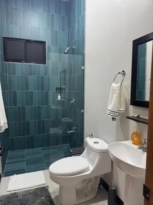 a bathroom with a shower and a toilet and a sink at Casa Selva Pacifico in Quebrada Ganado