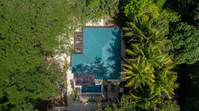 an overhead view of a house with a swimming pool at Casa Contento - luxury 3bdr home near Santa Teresa in Boca de Ario