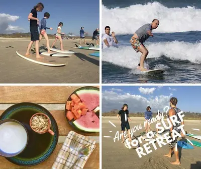 a collage of pictures of people on surfboards on the beach at Casa Aloha on Los Mangos Street in Nosara