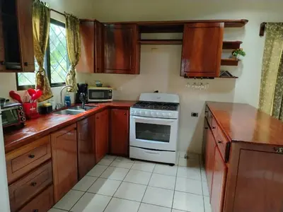 a kitchen with wooden cabinets and a stove top oven at Casa Mango- family friendly 2 Bedroom, 2 Bath in Nosara