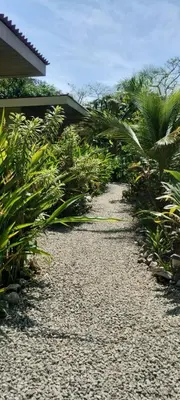 a garden with a gravel path and plants at Casa Mango- family friendly 2 Bedroom, 2 Bath in Nosara
