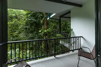 a room with a balcony with a view of trees at Villa del Río in Savegre