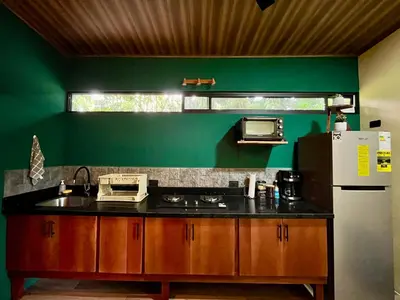 a green kitchen with a sink and a refrigerator at Jungle House with Private Jacuzzi in Uvita