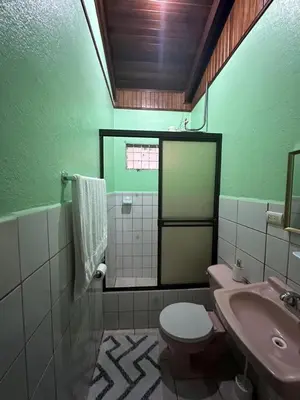 a green bathroom with a toilet and a sink at Casa Vista al Volcan, La Fortuna in Fortuna
