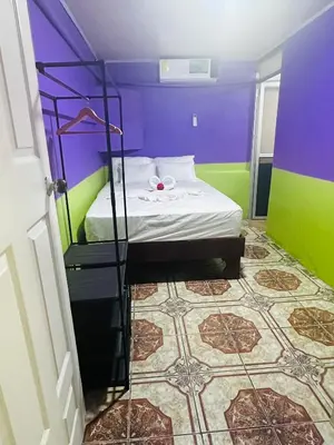 a room with a bed with purple and green walls at Paraíso Natural in Quepos