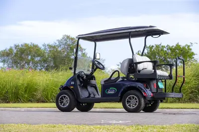 a blue golf cart parked on a road at Villa Tortuga in Nacascolo