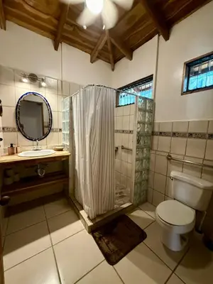 a bathroom with a shower and a toilet and a sink at Villas Solar in Santa Teresa Beach