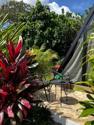 a patio with a table and chairs and plants at Tilawa La Fortuna Glamping in Ángeles