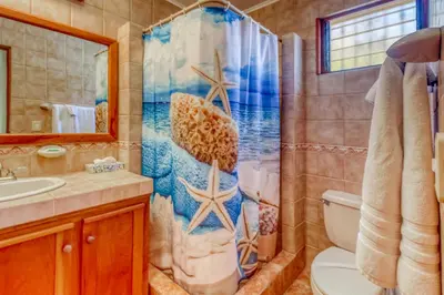 a bathroom with a shower with a starfish shower curtain at Bahia Pez Vela Villa at 18 in Ocotal
