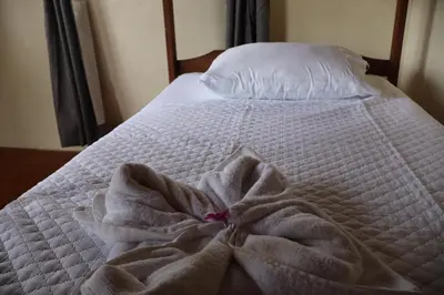 a bed with a white comforter and a pillow at Cabinas Las Chinitas in Zapotal