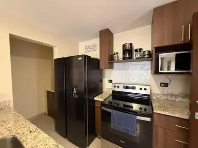 a kitchen with a black refrigerator and a stove at Tropical Sunshine in Alajuela City