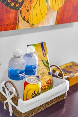 a basket with two bottles of water and fruit at Beachfront view large Condo with Pools PVT luxury patio in great location in Jacó