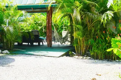 a patio with chairs and palm trees on the beach at Aloha Surf Nosara - Kahala Hui Cabins #2 in Nosara