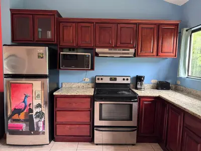 a kitchen with wooden cabinets and a stove and refrigerator at Birds of a Feather 2BR2BA Ocotal Coastal Retreat in Ocotal