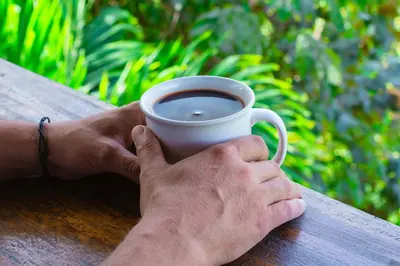 a person holding a cup of coffee on a table at Wood cozy cabin with ocean views in Boston