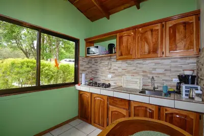 a kitchen with wooden cabinets and a sink and a window at Las Marias Monteverde - Mountain View Cottages & Gardens in Monteverde Costa Rica