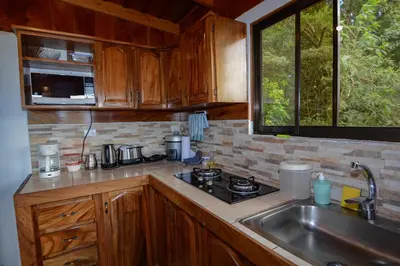 a kitchen with a sink and a stove and a window at Las Marias Monteverde - Mountain View Cottages & Gardens in Monteverde Costa Rica