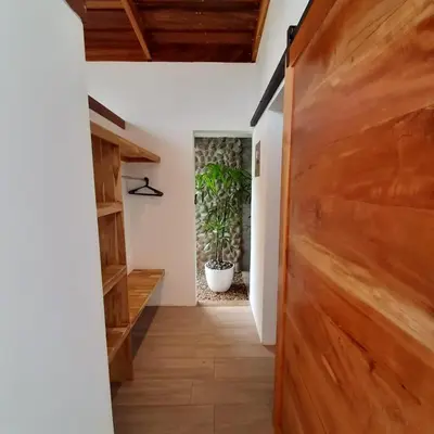 a hallway with a wooden door and a potted plant at Luxury Villa Ceibo - Exquisite, Private, Serene in San Mateo
