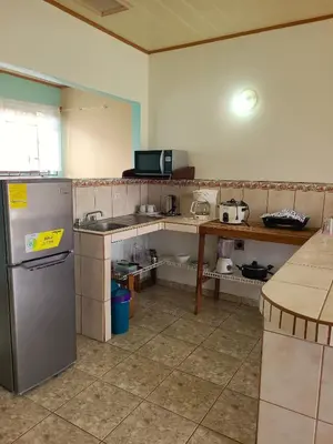 a kitchen with a refrigerator and a table in it at Arenal Dreams Apartments in Fortuna