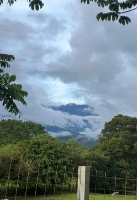 a cloudy sky with a fence and horses in a field at Tree of Heaven Lodge in San Isidro