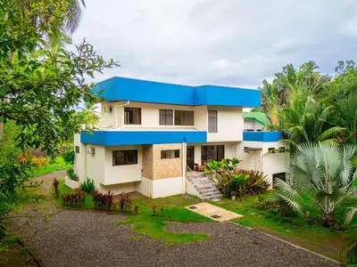 an aerial view of a house with a blue roof at Sleep 11-Beachfront-Pool-Wildlife-100MB -Suites in Parrita