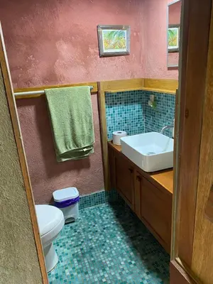 a bathroom with a toilet and a sink at Casa Mariposa, Playa Ostional in Nosara