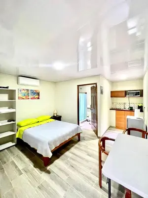 a bedroom with a bed and a kitchen at Villas Arenal Dreams in Palma