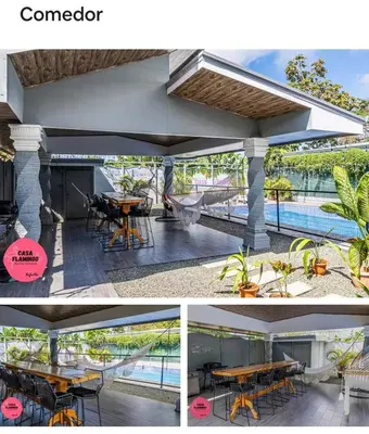 a collage of photos of a patio with a table and a pool at Casa Selva Viva in Uvita