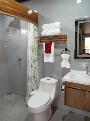 a bathroom with a white toilet and a sink at Magnolia Farm Suites in San Isidro