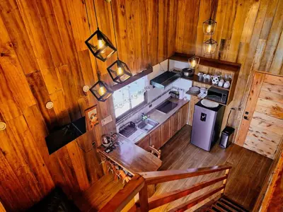 an overhead view of a kitchen in a cabin at House in the Clouds -Monteverde in Tilarán