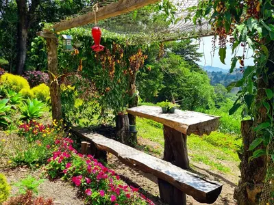 a picnic table and bench in a garden with flowers at House in the Clouds -Monteverde in Tilarán