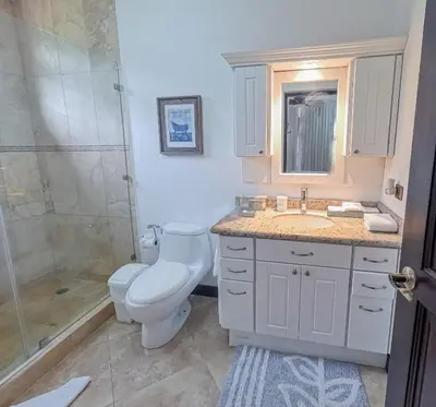 a bathroom with a toilet and a shower and a sink at Luxury Walkout Beachfront Jaco Condo-Sleep 6 in Jacó