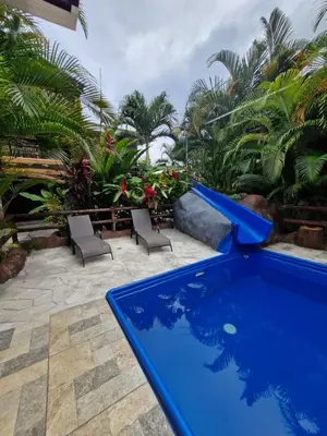 a blue swimming pool with two chairs and palm trees at Harmony Retreat in Fortuna
